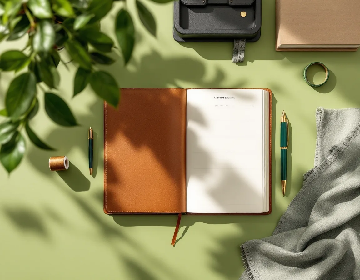 Flat-lay of an open appointment diary, fountain pen, brass thimble and tape measure on a pistachio desk