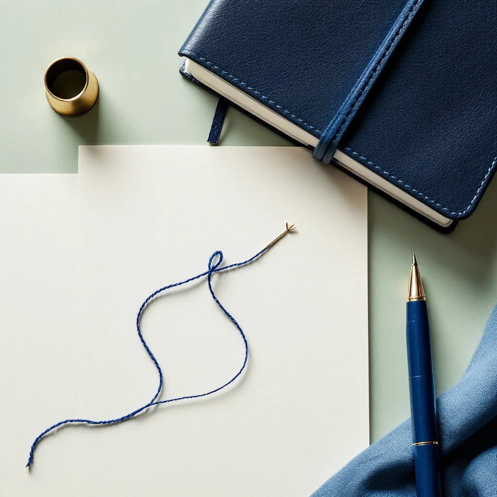 Close overhead flat-lay of a thimble, threaded needle and neat stitching on pattern paper