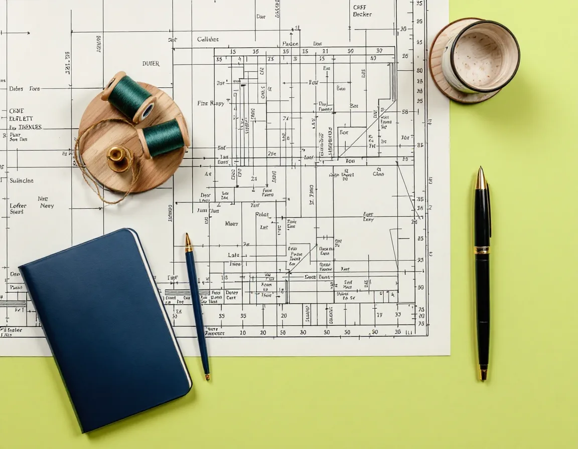 Overhead flat-lay of a tailoring pattern draft, brass thimble, forest-green thread and a leather notebook arranged on a pistachio surface